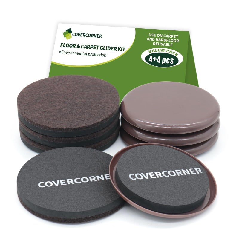COVERCORNER Furniture Sliders for Hardwood Floors, Furniture Sliders for Carpeted Floors, 8 PCS 3 1/2 inch Combo Pack, Sliders for Moving Furniture, Furniture Movers Sliders-Brown - Image 1